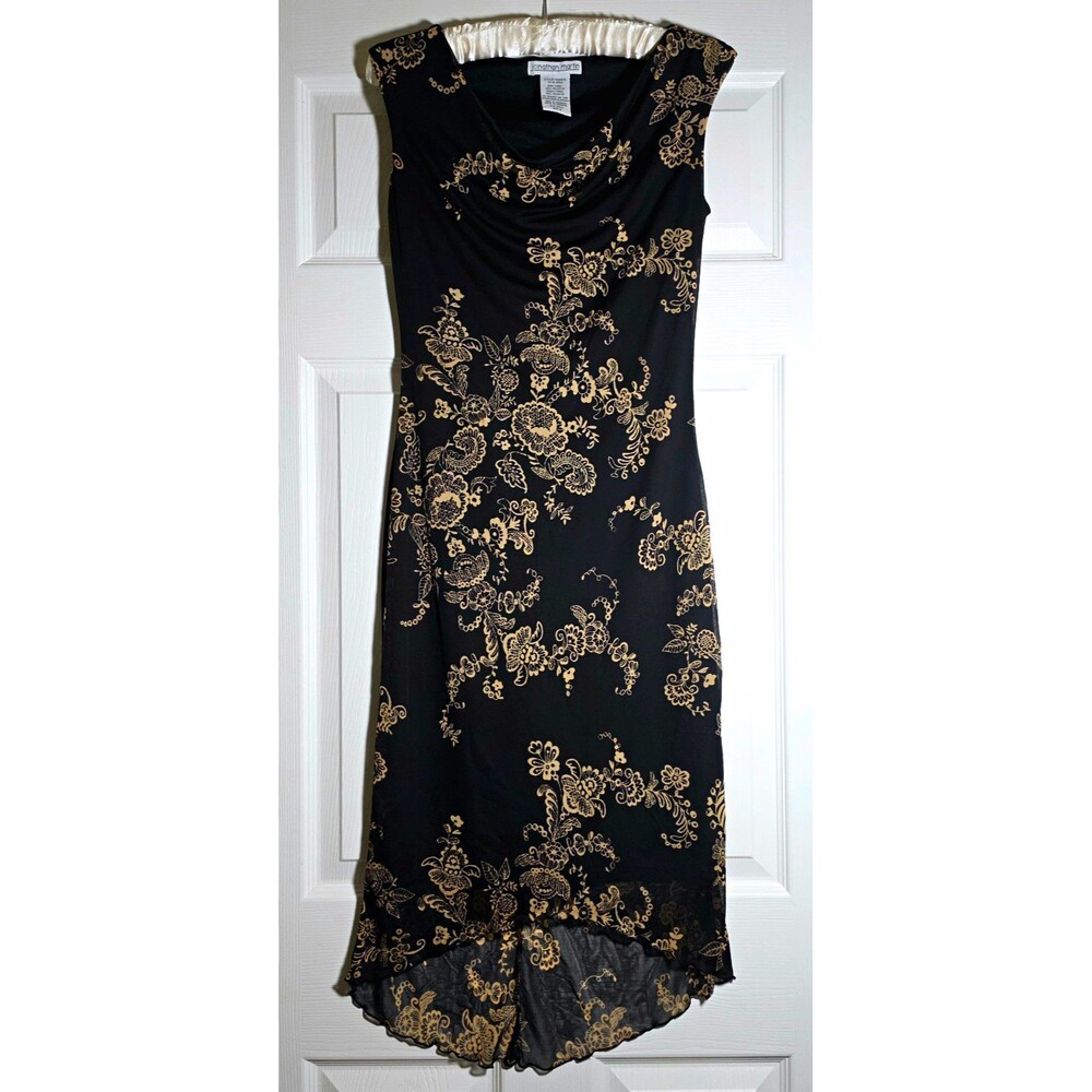 Vintage Black Beige Floral Chiffon Midi Hi-Lo Hem Dress S From Jonathan Martin